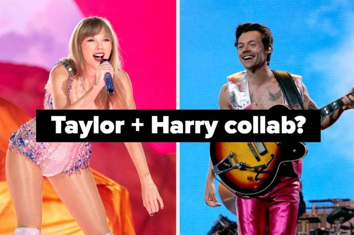 two photos; on the left, a photo of Taylor Swift performing and on the right, a photo of Harry Styles performing