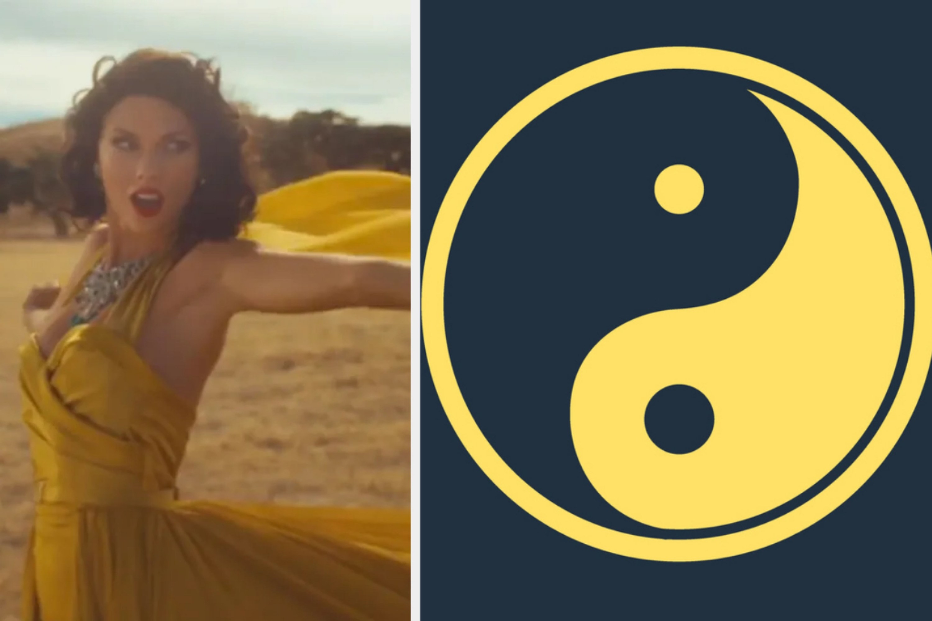 two photos; on the left, a photo of Taylor Swift in the &quot;Wildest Dreams&quot; music video on the right, a stock image of a ying yang sign