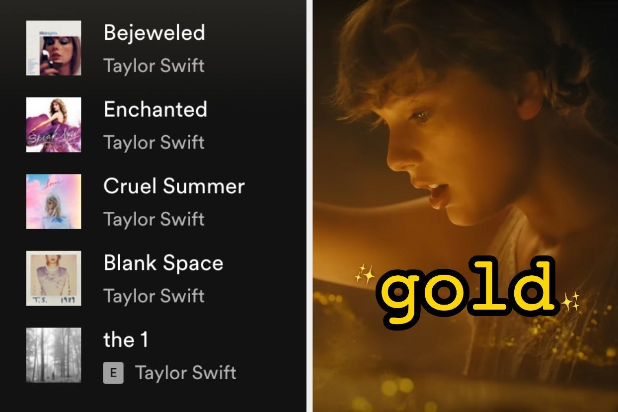 two photos; on the left, a Taylor Swift playlist from Spotify and on the right, a photo from the &quot;Cardigan&quot; music video