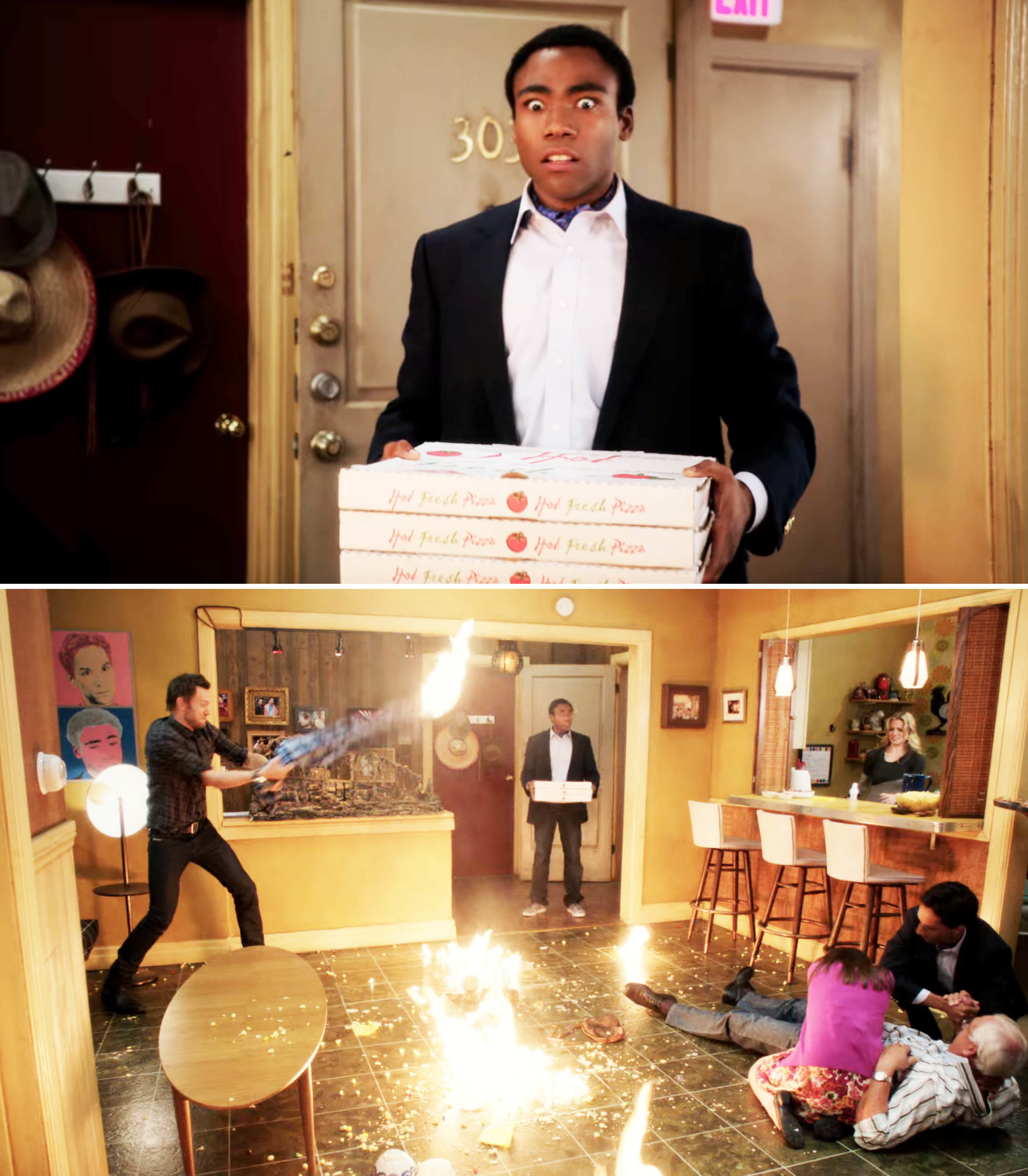 character walking into a room with fire and people on the ground while he stands there shocked holding boxes of pizza