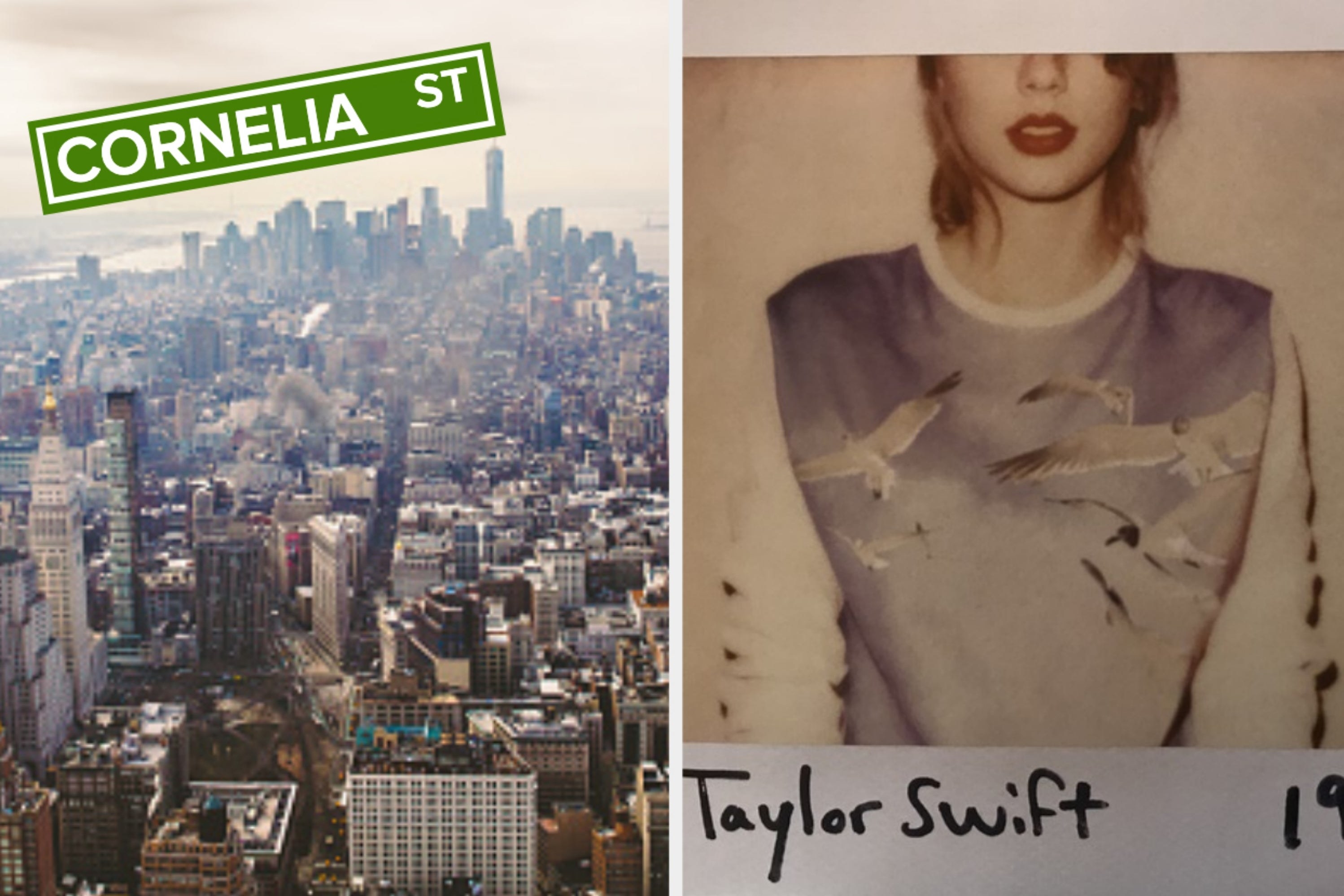 two photos; on the left, a stock image of New York City and on the right, the album cover for &quot;1989&quot;