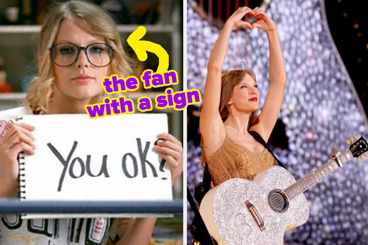 two photos; on the left, Taylor Swift holding a sign in the &quot;You Belong With Me&quot; music video and on the right, Taylor Swift performing