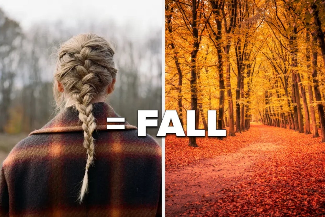 two photos; on the left, the album cover for &quot;evermore&quot; and on the right, a stock image of fall