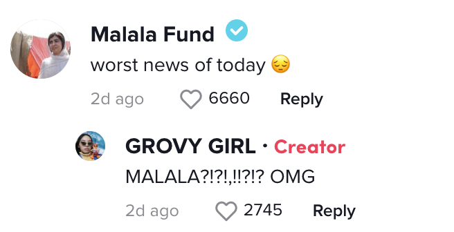 A screenshot of the Malala Fund&#x27;s comment.