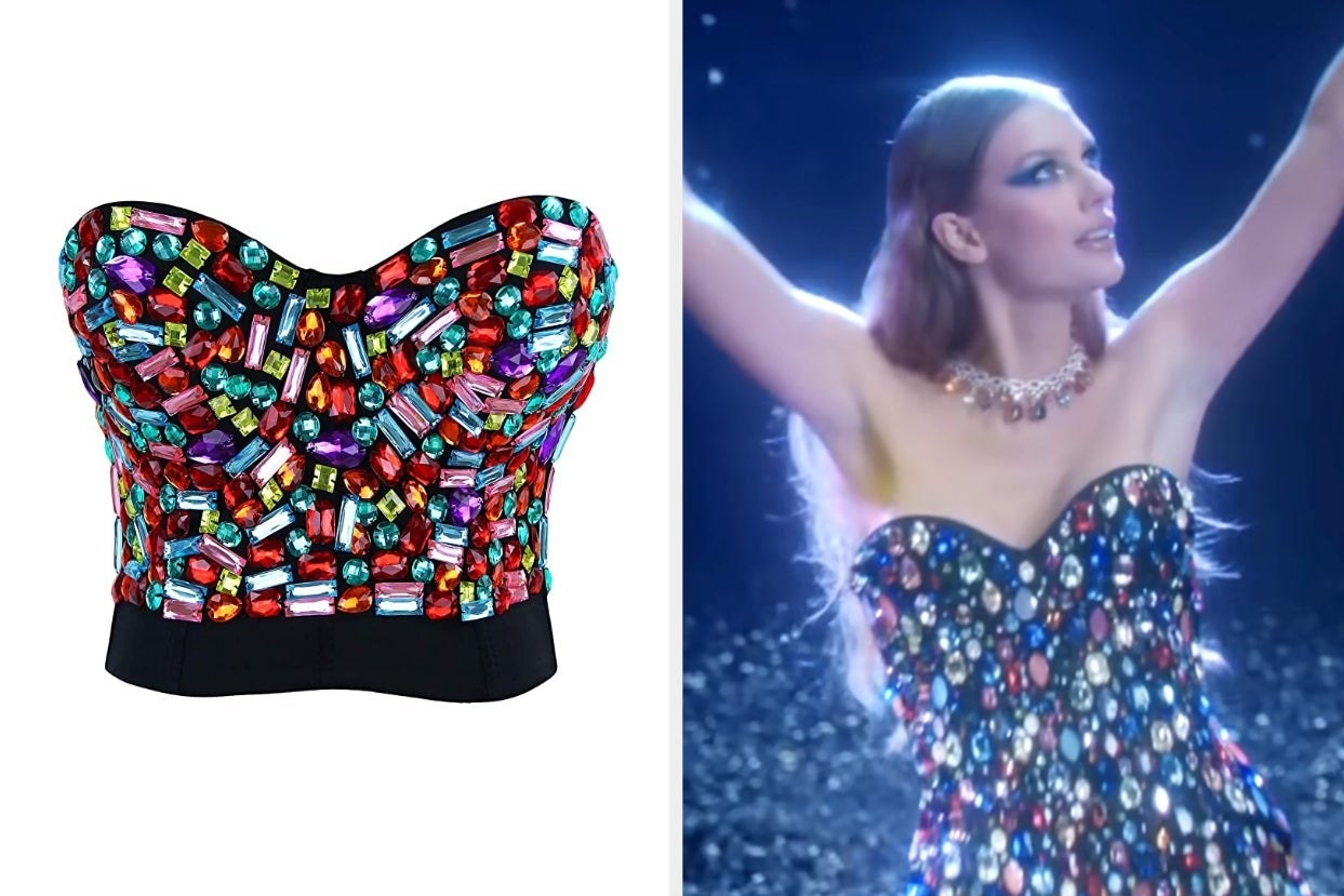 two photos; on the left, a &quot;Bejeweled&quot; inspired top and on the right, a photo from the &quot;Bejeweled&quot; music video of Taylor Swift wearing a similar top