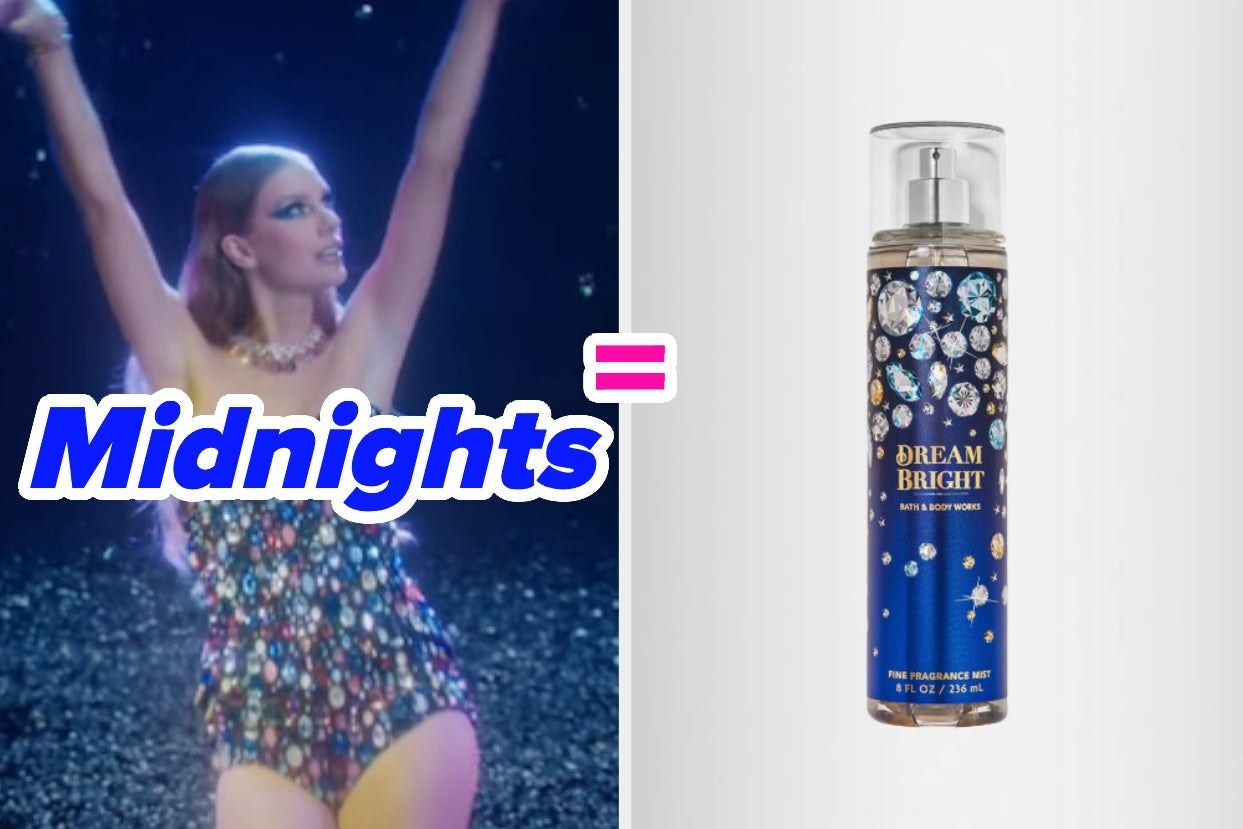 two photos; on the left, a photo from the &quot;Bejeweled&quot; music video and on the right, a photo of the Dream Bright scent from Bath and Body works