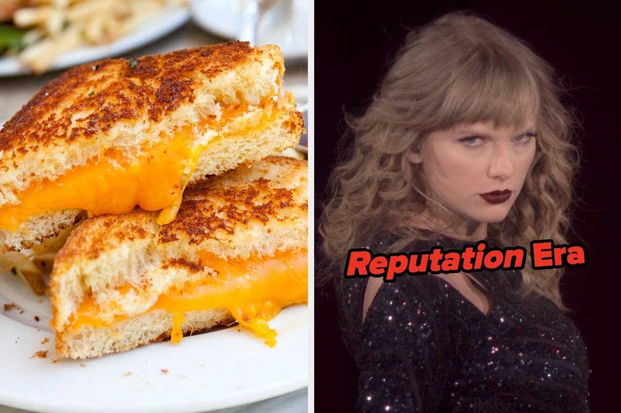 two photos; on the left, a photo of grilled cheese and on the right, Taylor Swift performing during her Reputation tour
