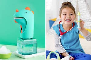 A soap dispenser and a child with a doctor kit
