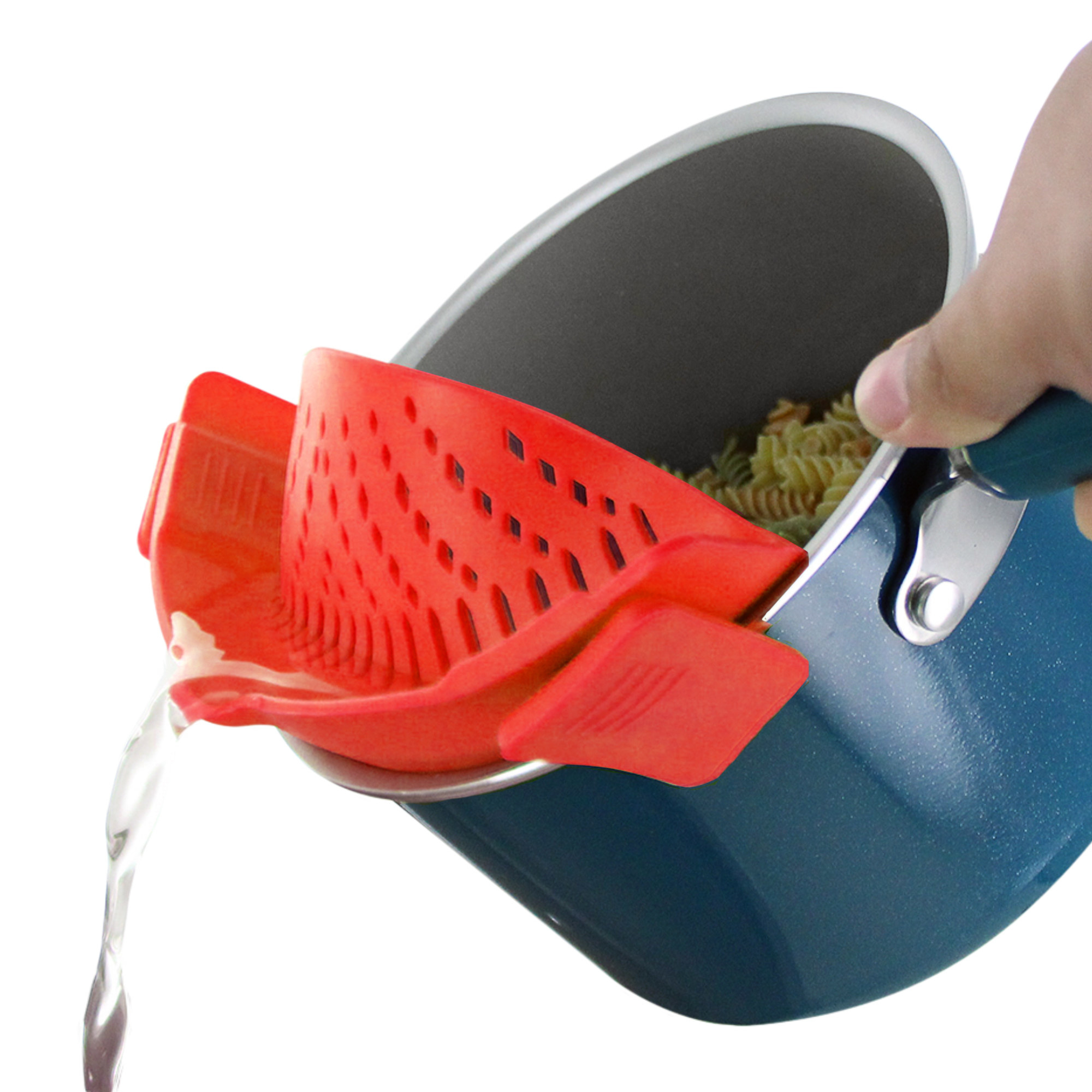 water draining from a pot through the clip on strainer in red