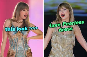On the left, Taylor Swift wearing a sparkly bodysuit labeled this look over everything else, and on the right, Taylor wearing a shimmery gown labeled fave Fearless dress