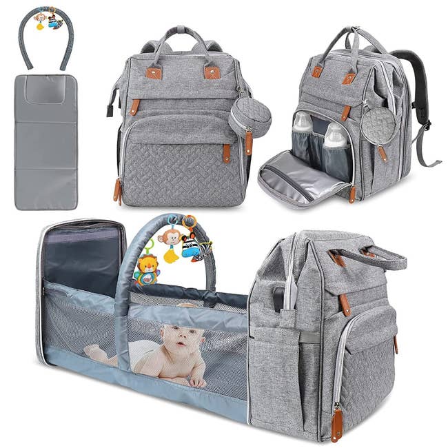 the backpack in its different modes in gray