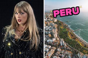 On the left, Taylor Swift performing on stage, and on the right, Lima from above labeled Peru