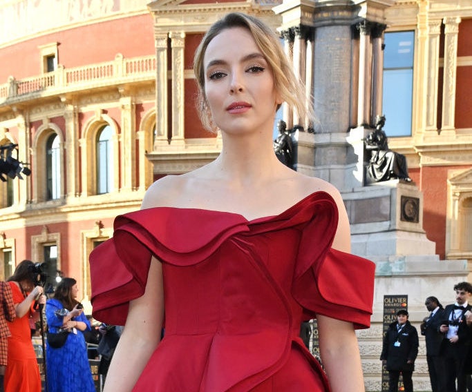 Jodie in an off-the-shoulder gown