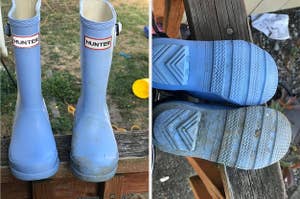 side by side photos of a clean and dirty rain boot