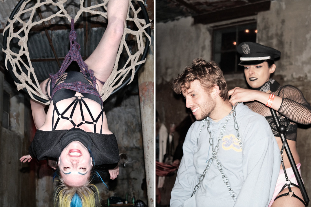 left: someone hangs upside down in a netted rope hula hope. right: a dom wearing mesh and police cap wraps a grinning guest in chains