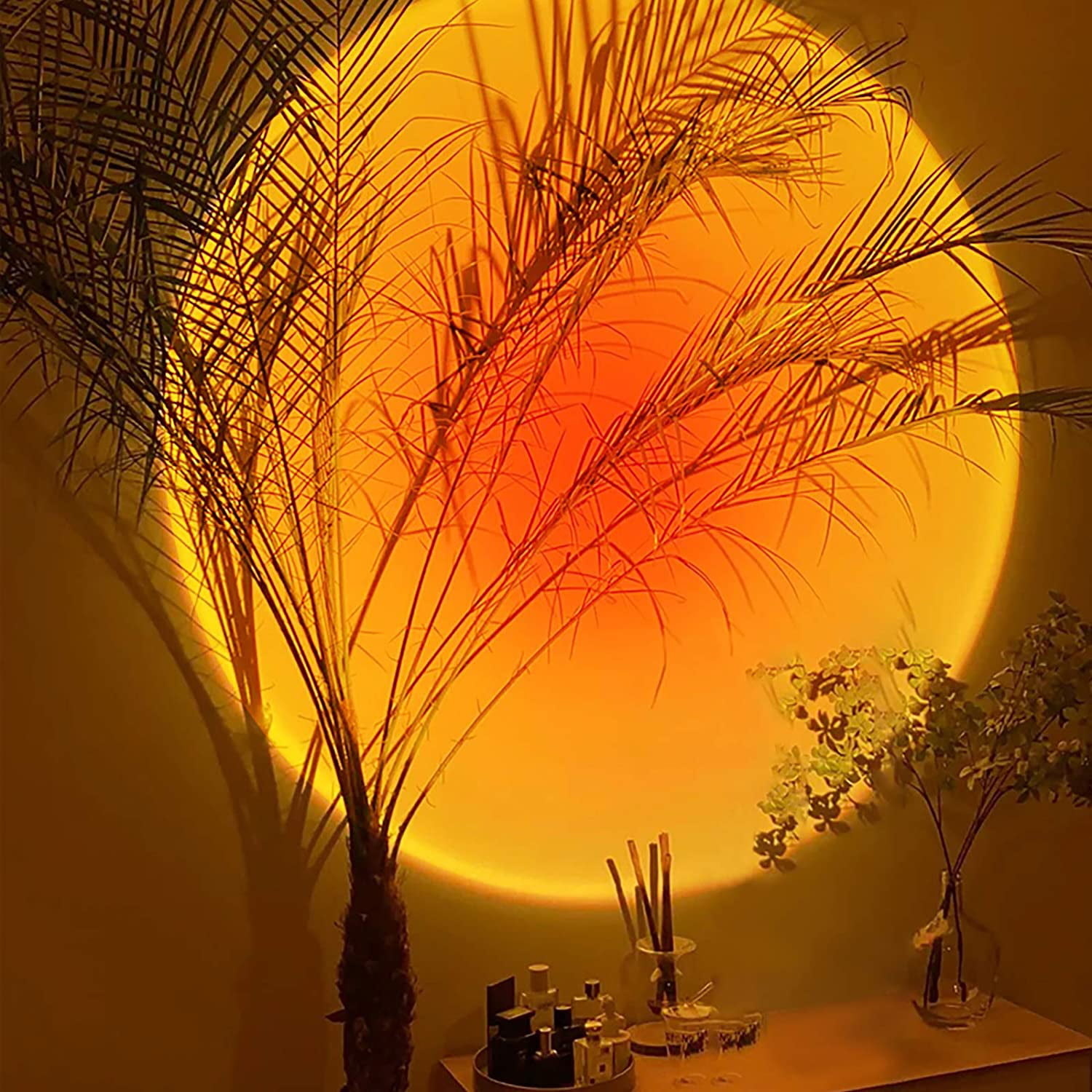 what the sunset lamp looks like on the wall which offers the room a dark orange ambiance