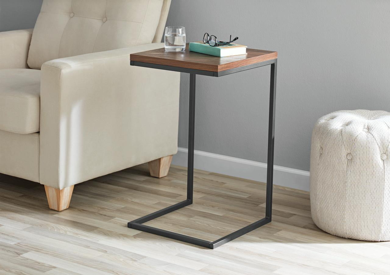 the c shaped end table that has black legs with a dark wood surface
