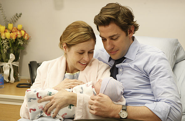 Jim and Pam from &quot;The Office&quot; with a newborn.