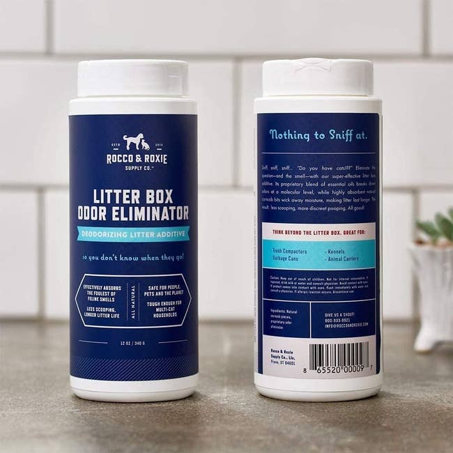 The container of litter box odor eliminator