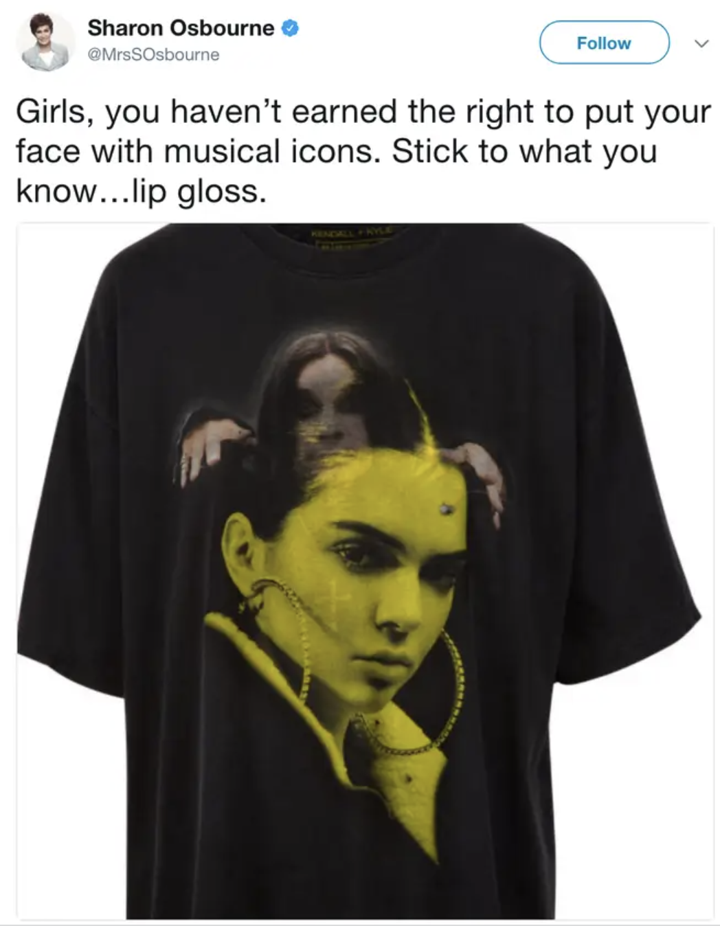 A tweet from Sharon Osborne with a photo of a tshirt featuring Kendall Jenner&#x27;s face superimposed over Ozzy Osbourne&#x27;s