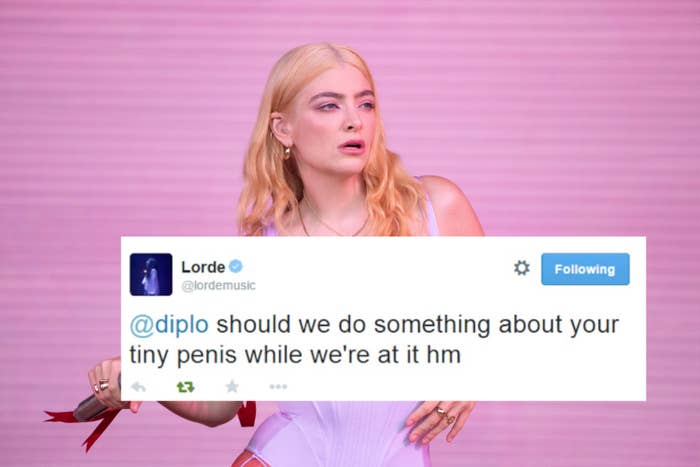 A photo of Lorde performing on stage, and a screenshot of a tweet from her to Diplo that reads &quot;Shall we do something about your tiny penis while we&#x27;re at it hm&quot;