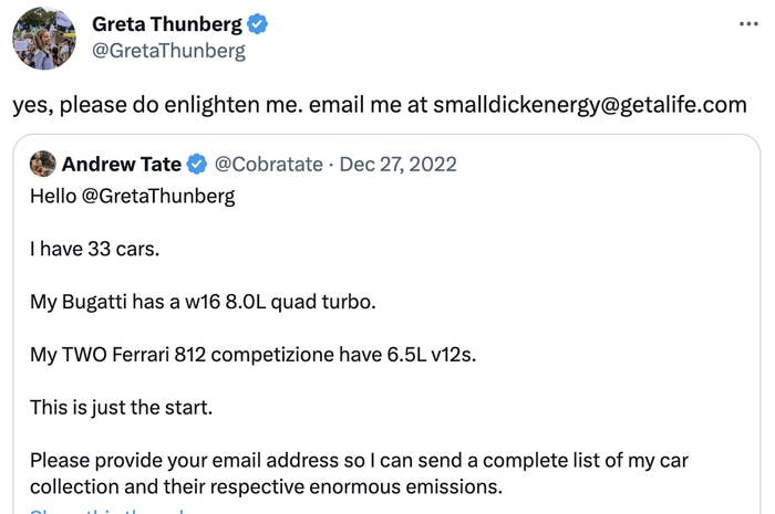 A screenshot of a tweet exchange between Greta Thunberg and Andrew Tate