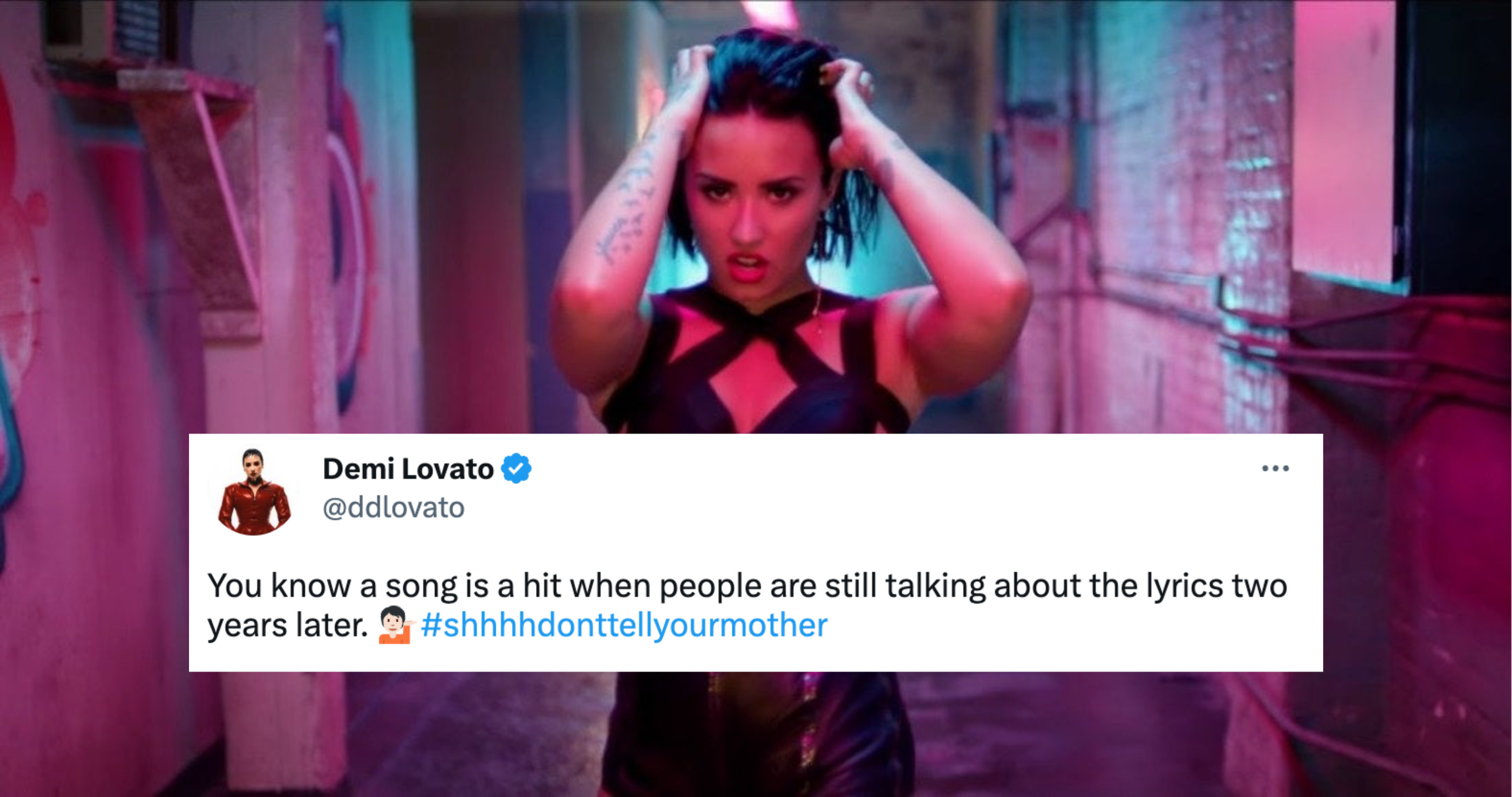 A screenshot from Demi Lovato&#x27;s &quot;Cool For The Summer&quot; music video, and a screenshot of her tweet reading: “You know a song is a hit when people are still talking about the lyrics two years later.&quot;