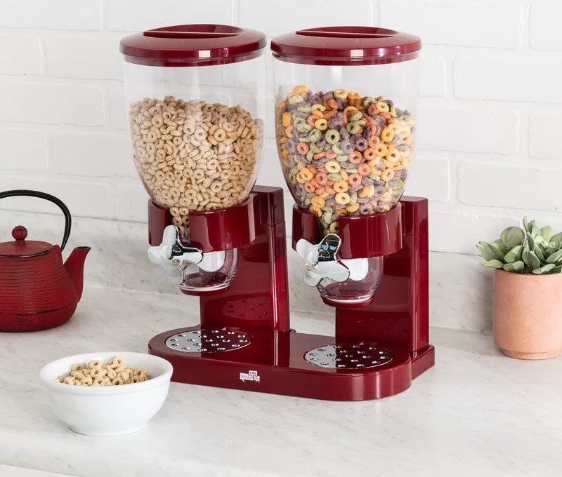 red cereal dispenser on kitchen counter