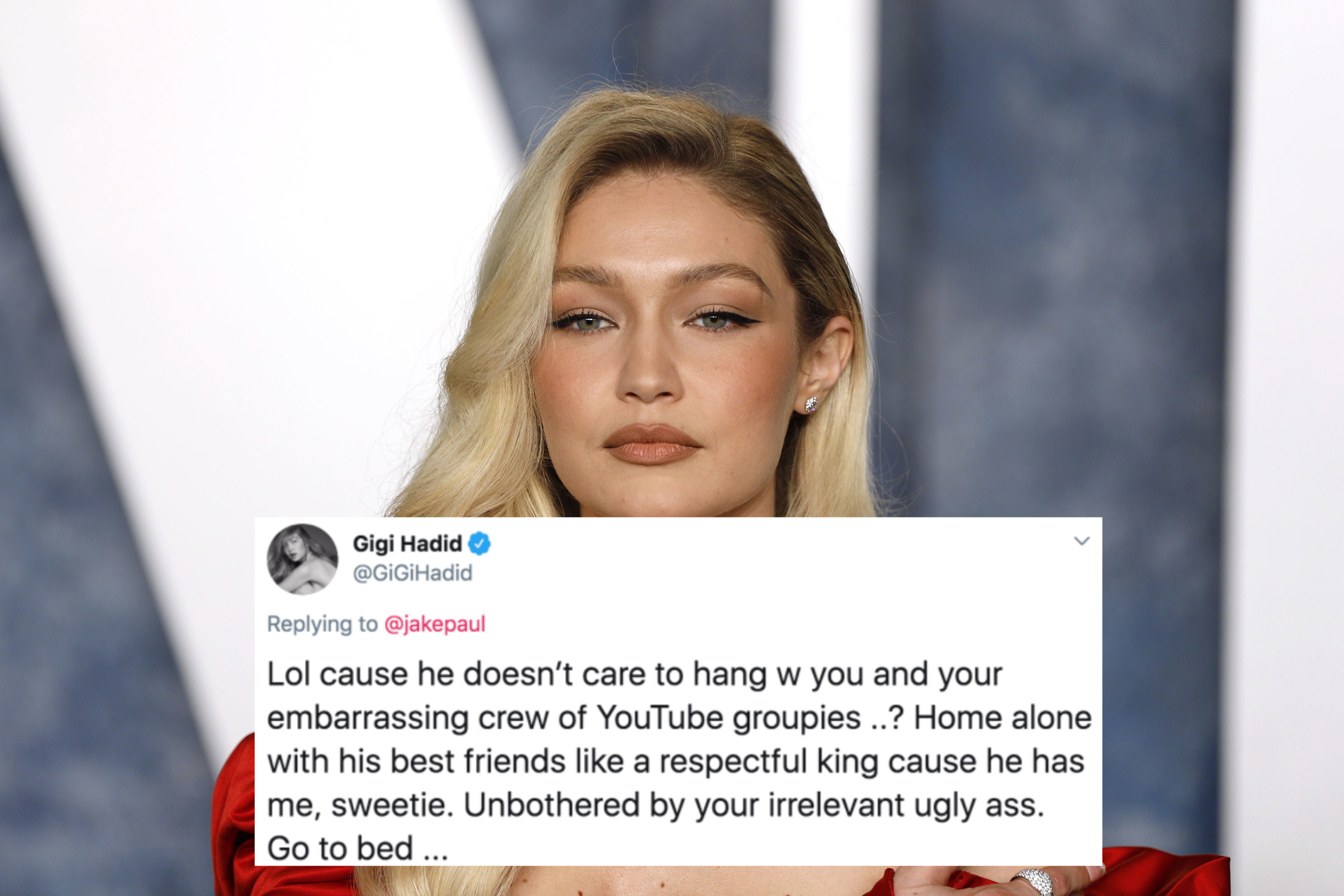 A photo of Gigi Hadid on the red carpet, with a screenshot of her tweet to Jake Paul on top