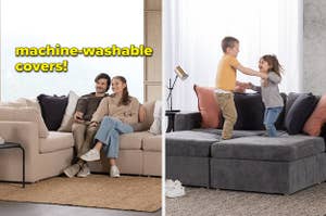 couple sitting on one variation of the couch and kids jumping on another