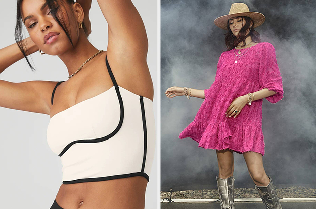 someone wearing a bra tank, someone wearing a flowy dress with cowboy boots and a hat