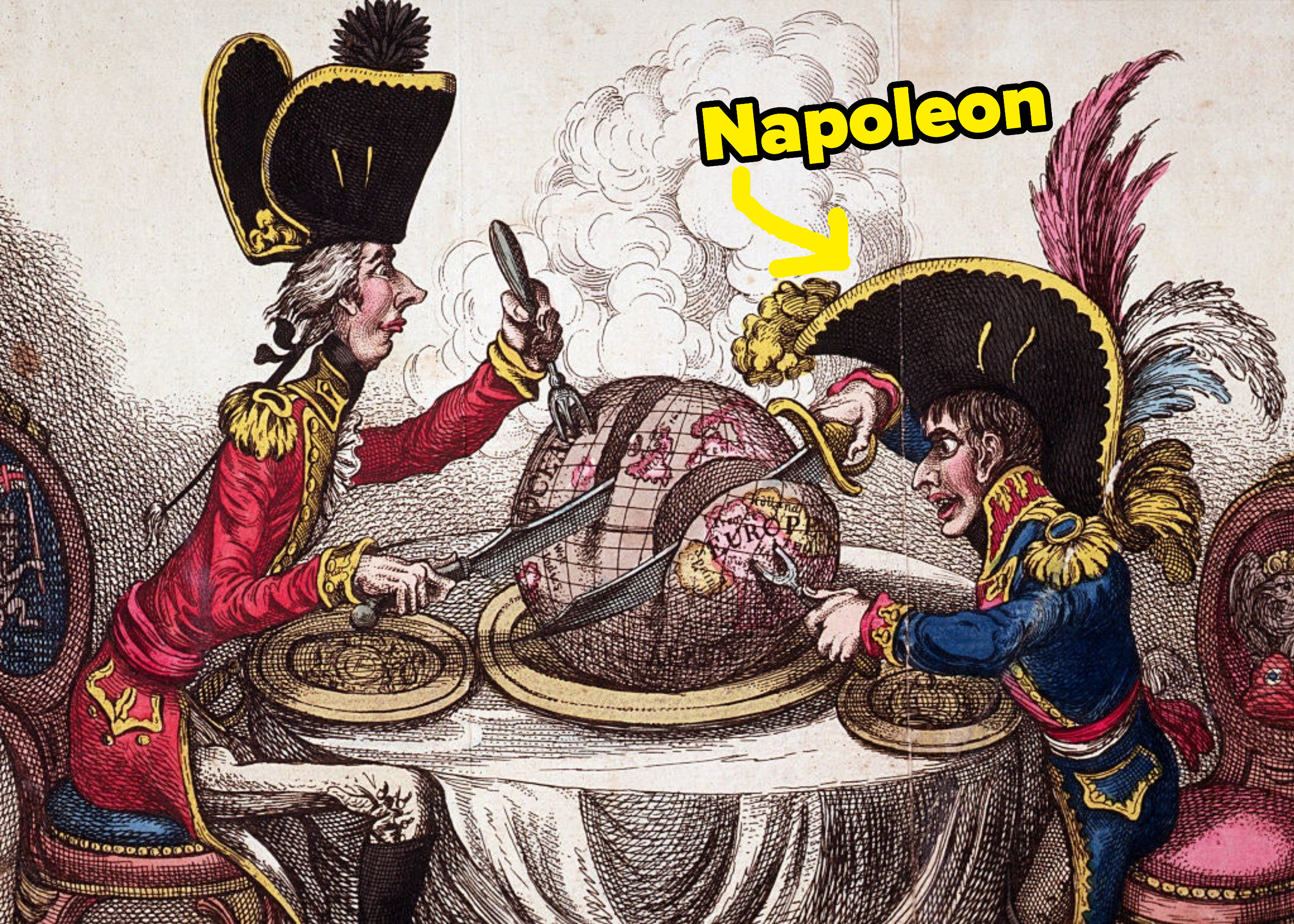 An illustration of Napoleon carving up a globe of the world