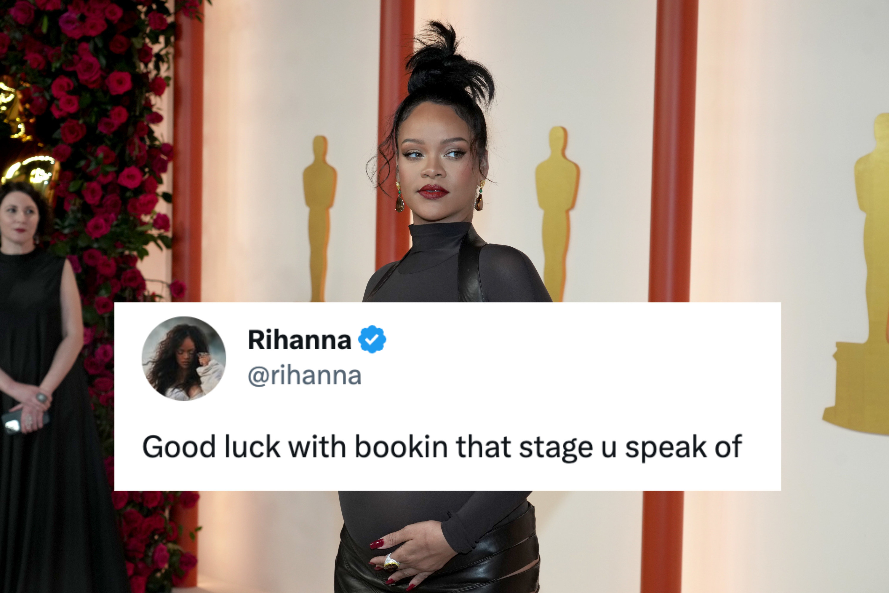 RIhanna posing on the Oscars red carpet, cradling her pregnant stomach, and a screenshot of her tweet