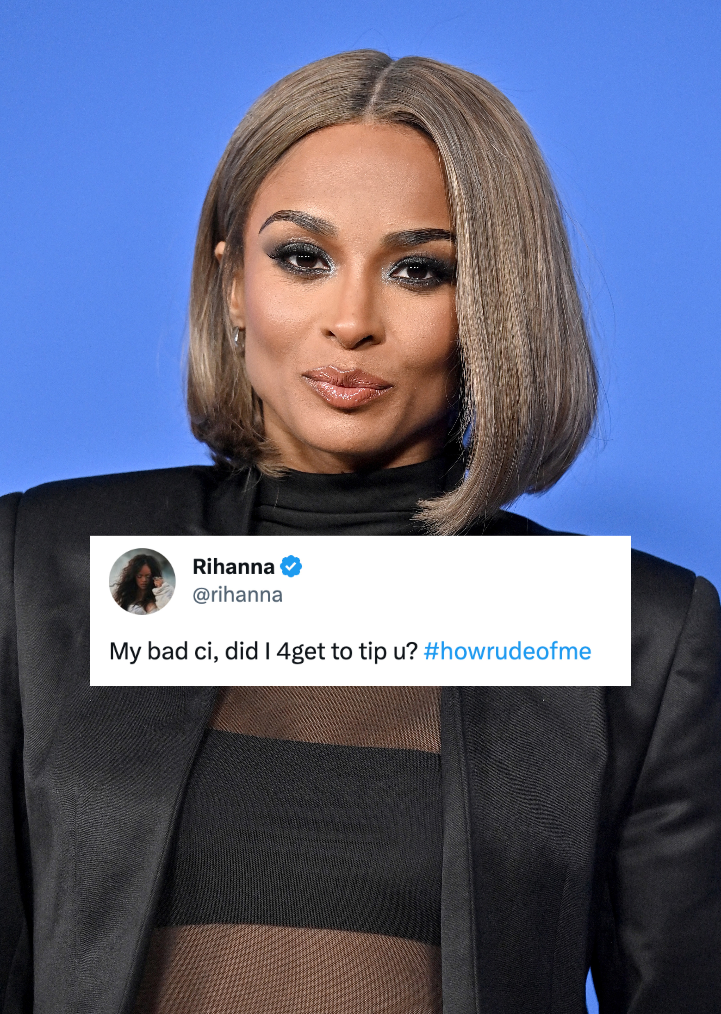 A photo of Ciara posing in a black jacket, with a screenshot of RIhanna&#x27;s tweet on top