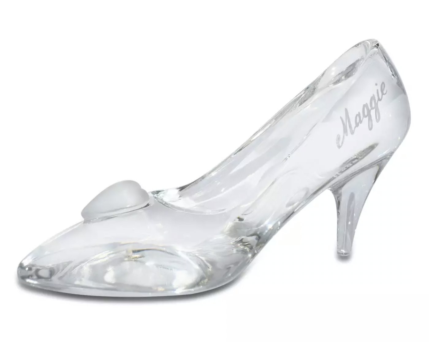 the glass slipper with name Maggie engraved in cursive