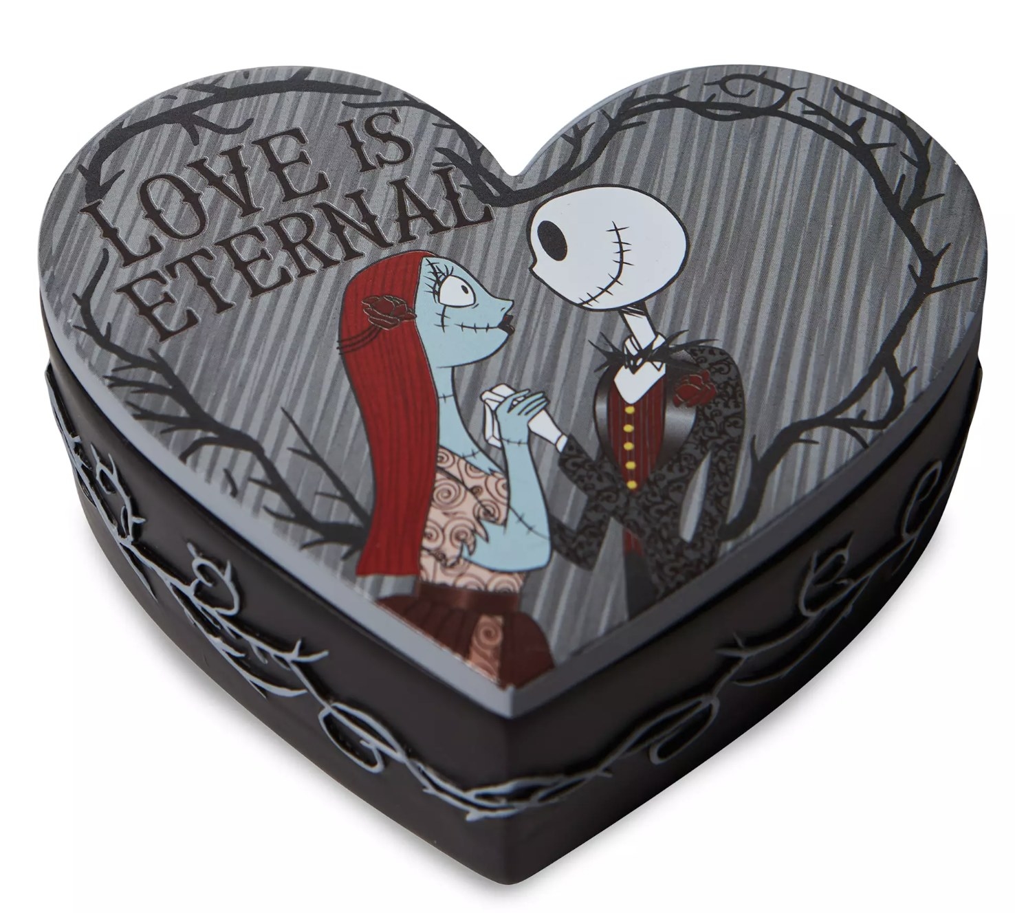 The heart-shapred box with Jack Skellington and Salley and words &quot;Love is eternal&quot;
