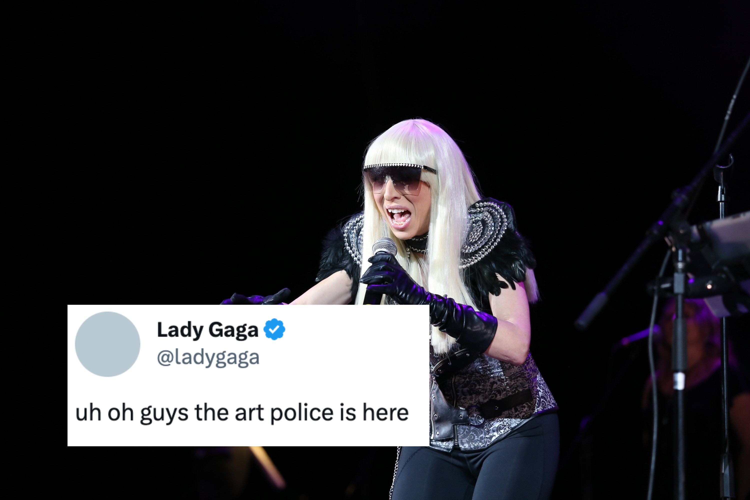 Lady Gaga dressed in black with sunglasses performing on stage, with a screenshot of her tweet &#x27;uh oh guys the art police is here&#x27;