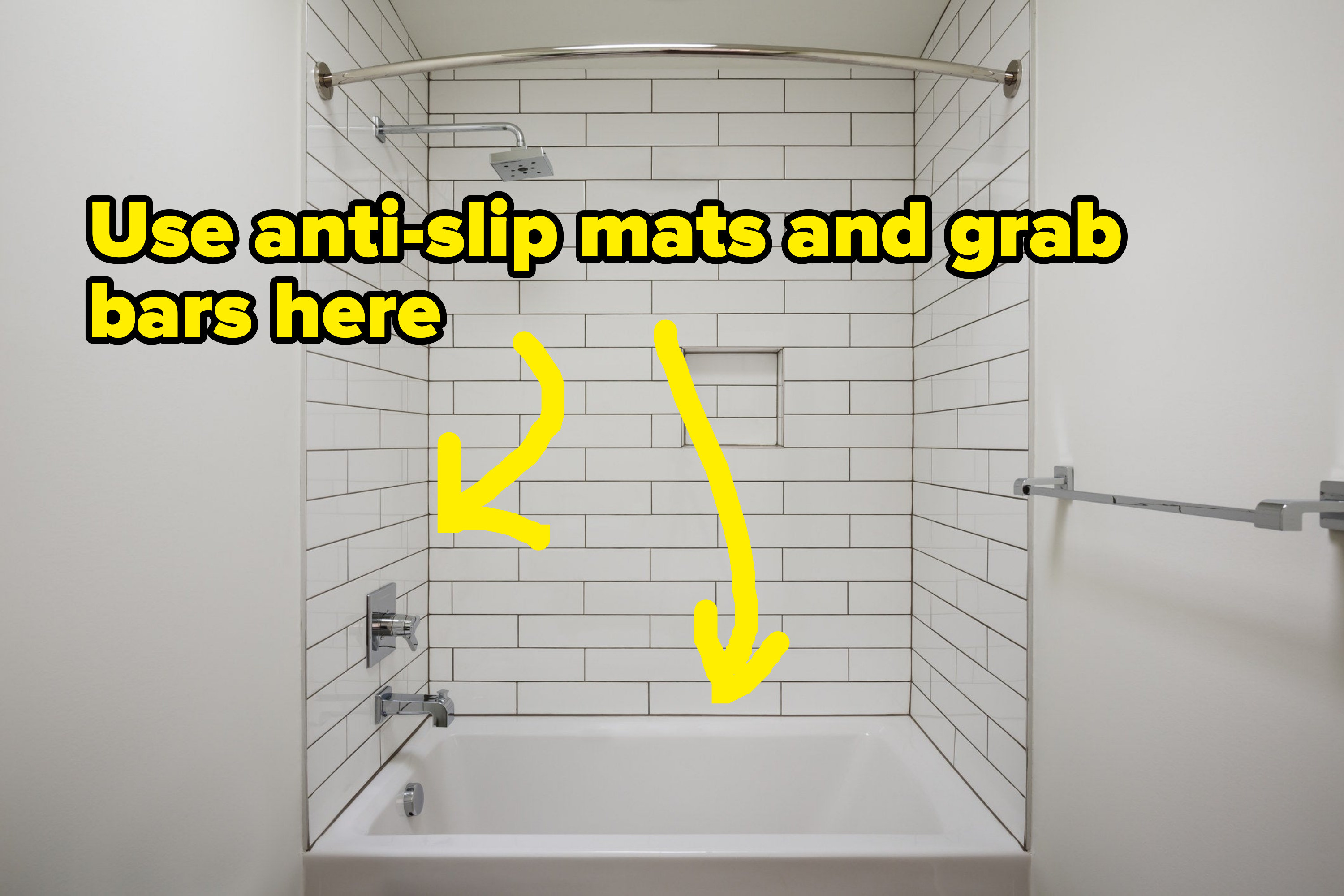 arrows pointing to sections of the bathtub with text, use anti-slip mats and grab bars here