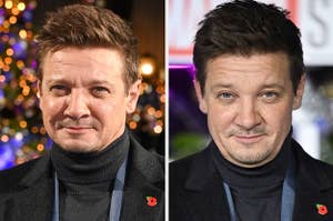 Jeremy Renner smiles as he poses behind lights vs Jeremy has a neutral facial expression as a photographer takes his photo at that same event
