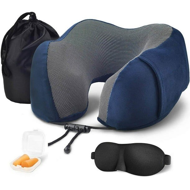 the pillow with included mask, earplugs, and bag
