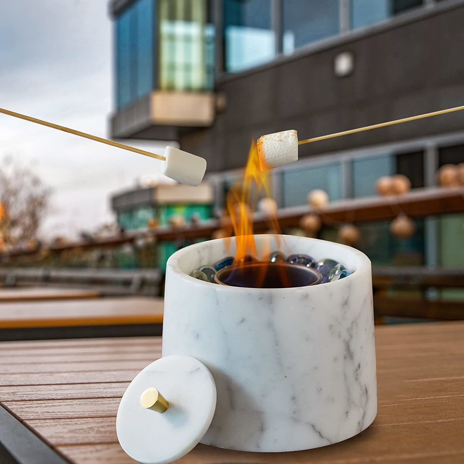 people using the mini fire pit to toast marshmallows