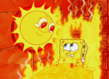 spongebob and the sun looking at each other and smiling even though sun has lit his bed on fire