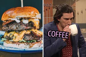 On the left, a double cheeseburger, and on the right, Adam Driver sipping coffee from a mug in the SNL sketch