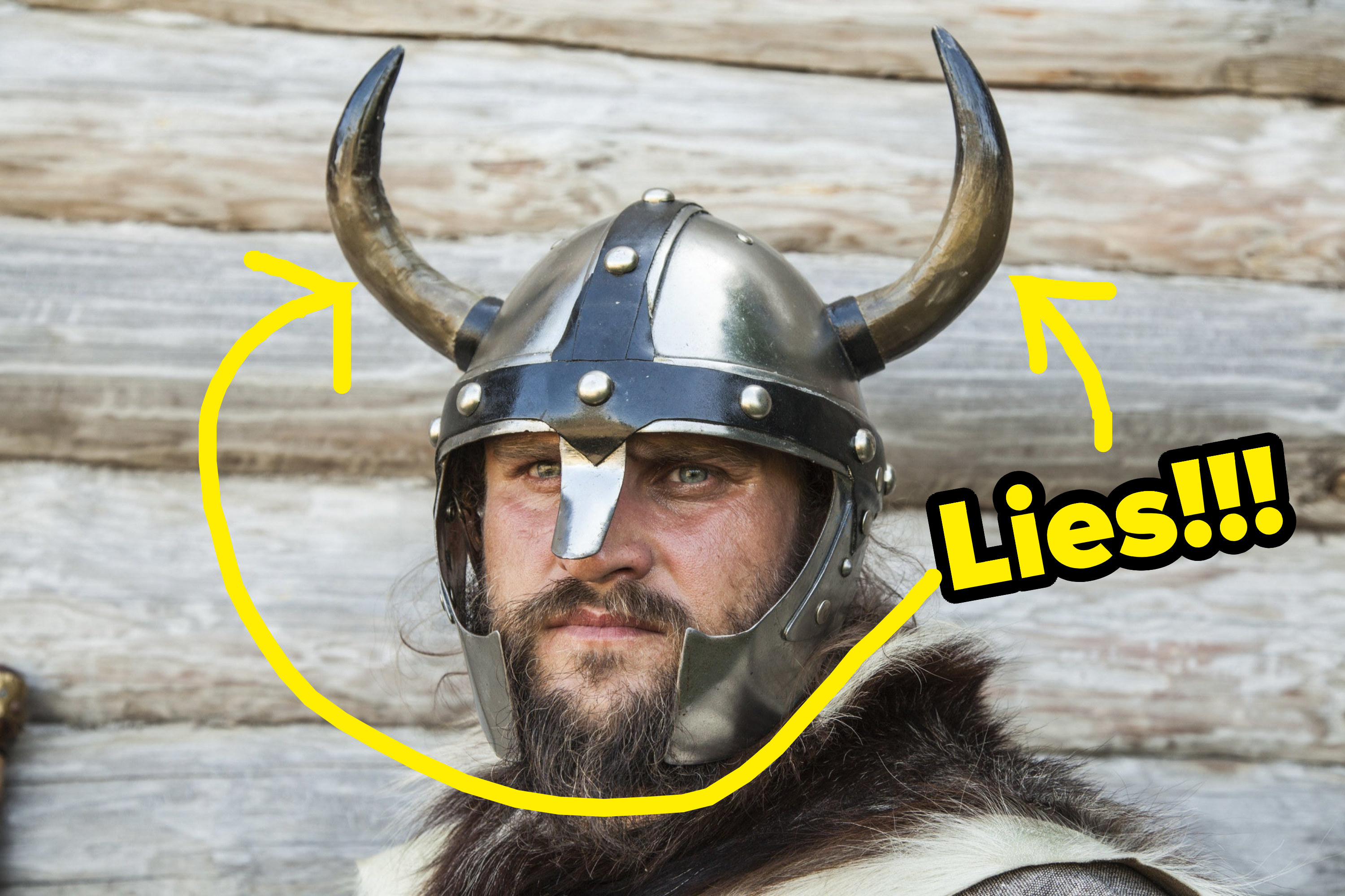A Viking helmet with horns: &quot;Lies!!&quot; caption