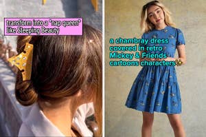 to the left: a model in a claw clip shaped like aurora's crown, to the right: a model in a chambray dress with mickey cartoons on it