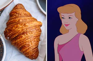 On the left, a croissant, and on the right, Cinderella narrowing her eyes