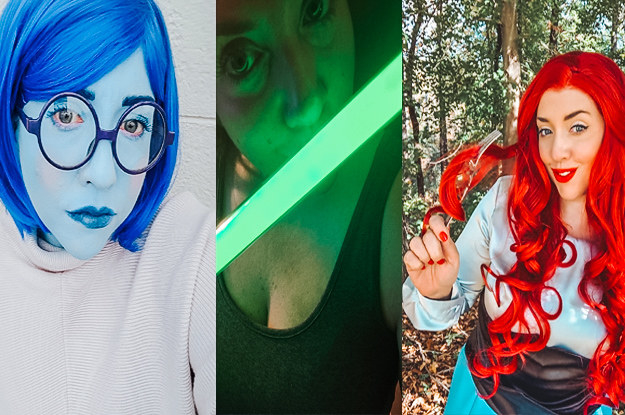 Dressed up as sadness from inside out, a picture with Luke Skywalker's lightsaber, and dressed up as Ariel.