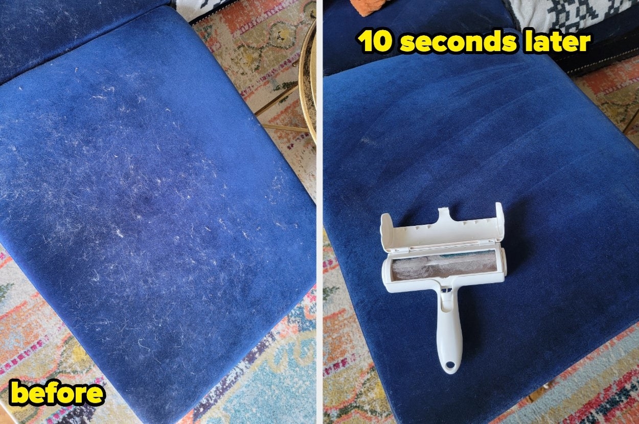 BuzzFeed Shopping editor&#x27;s blue couch covered in cat hair labeled before, and the couch now looking like new completely free of hair with the ChomChom roller resting on it labeled &quot;10 seconds later&quot;