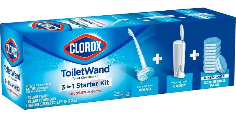 a Clorox ToiletWand with a wand, caddy, and disposable scrubbing pads