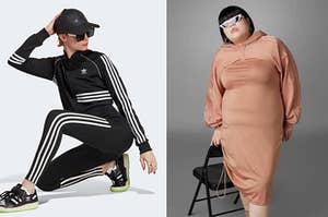 on left: model wearing Adidas tracksuit with matching jacket and track pants. on right: model wearing Adidas orange long-sleeve midi dress with matching bolero